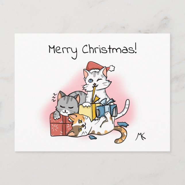 Cartão Postal De Festividades Gatinhos de Cartoon desempacotando presentes de Na (Frente)