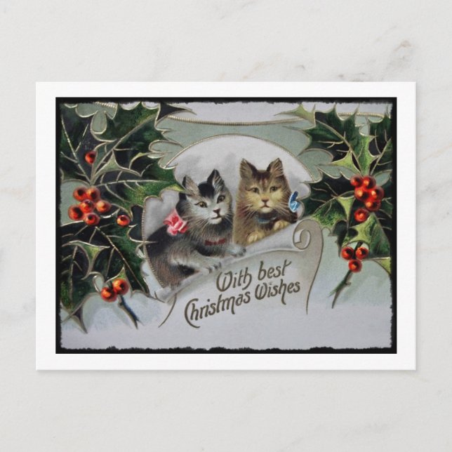 Cartão Postal De Festividades Gatinhos na Holly Christmas (Frente)