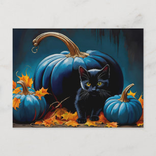 Cartão Postal De Festividades Gatinhos negros e múons azul folhas de outono
