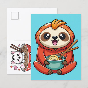 Cartão Postal De Festividades Gato Adorável Desfrutando de um Festim de Macarrão