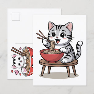 Cartão Postal De Festividades Gato Adorável Desfrutando de um Festim de Macarrão