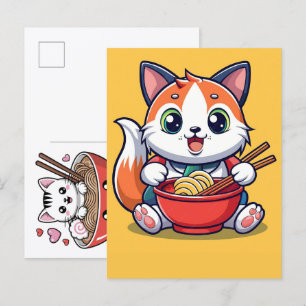 Cartão Postal De Festividades Gato Adorável Desfrutando de um Festim de Macarrão