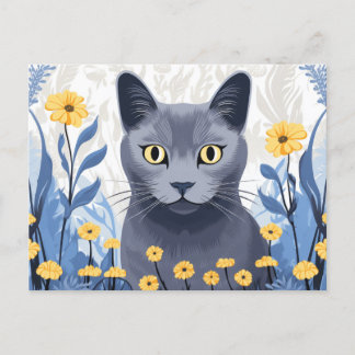 Cartão Postal De Festividades Gato Azul Russo Flores Amarelas