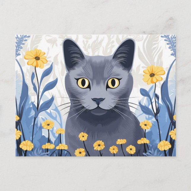 Cartão Postal De Festividades Gato Azul Russo Flores Amarelas (Frente)