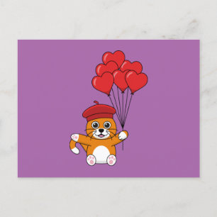 Cartão Postal De Festividades Gato Bonito com Balões de Coração Vermelho