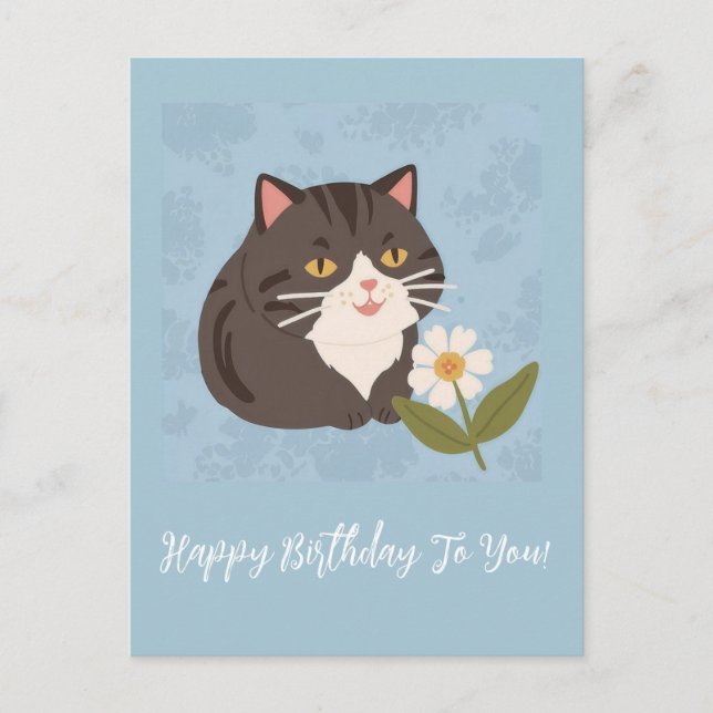Cartão Postal De Festividades Gato Bonito com Flores Feliz Aniversário Personali (Frente)