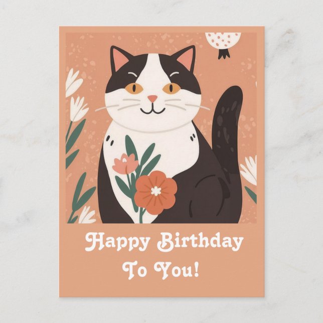 Cartão Postal De Festividades Gato Bonito com Flores Feliz Aniversário Personali (Frente)