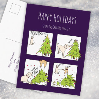 Cartão Postal De Festividades Gato Cachorro Cartoon Roxo Natal Divertido