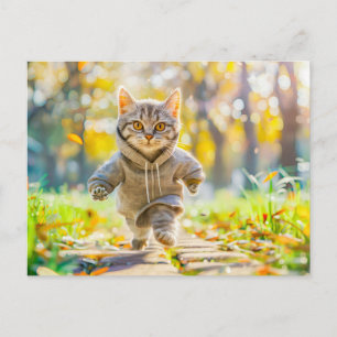 Cartão Postal De Festividades Gato com capuz correndo por parque verde