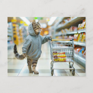 Cartão Postal De Festividades Gato com cesta de compras no corredor do supermerc