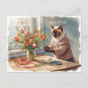 Cartão Postal De Festividades Gato com Flores Coleção de Inverno Natal