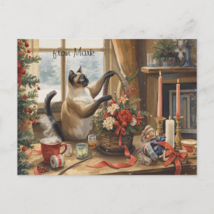 Cartão Postal De Festividades Gato com Flores Coleção de Inverno Natal
