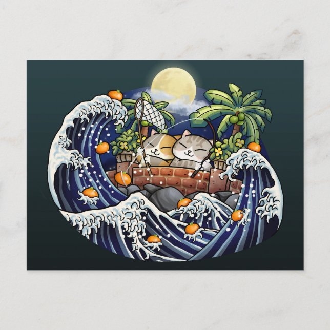 Cartão Postal De Festividades Gato de Ano Novo Chinês Lançando Laranjas (Frente)