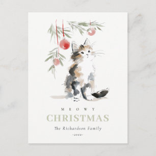 Cartão Postal De Festividades Gato de árvore de Natal Meowy em aquarela moderna