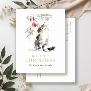 Cartão Postal De Festividades Gato de árvore de Natal Meowy em aquarela moderna 