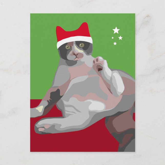 Cartão Postal De Festividades Gato de chita engraçado do Natal no chapéu do (Frente)