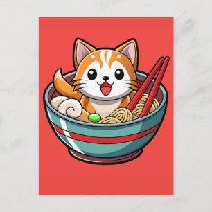 Cartão Postal De Festividades Gato de desenho animado adorável sentado em uma ti