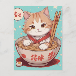 Cartão Postal De Festividades Gato de desenho animado fofo comendo macarrão com