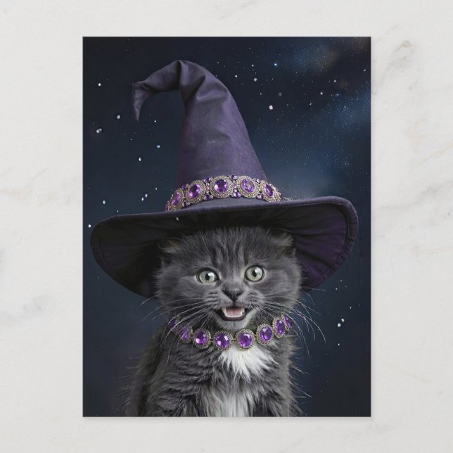 Cartão Postal De Festividades Gato de Gatinho de Cinza Bonita com Halloween de B (Frente)