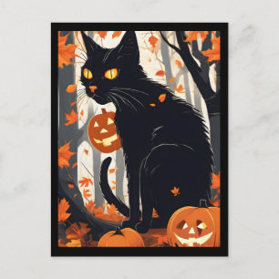 Cartão Postal De Festividades Gato de Halloween e abóboras