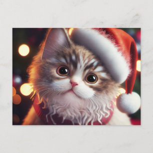 Cartão Postal De Festividades Gato de Natal bonito em chapéu vermelho Papai noel