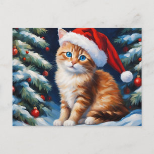 Cartão Postal De Festividades Gato de Natal e Árvore de Natal