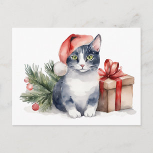 Cartão Postal De Festividades Gato de Natal em Aquarela com Presente