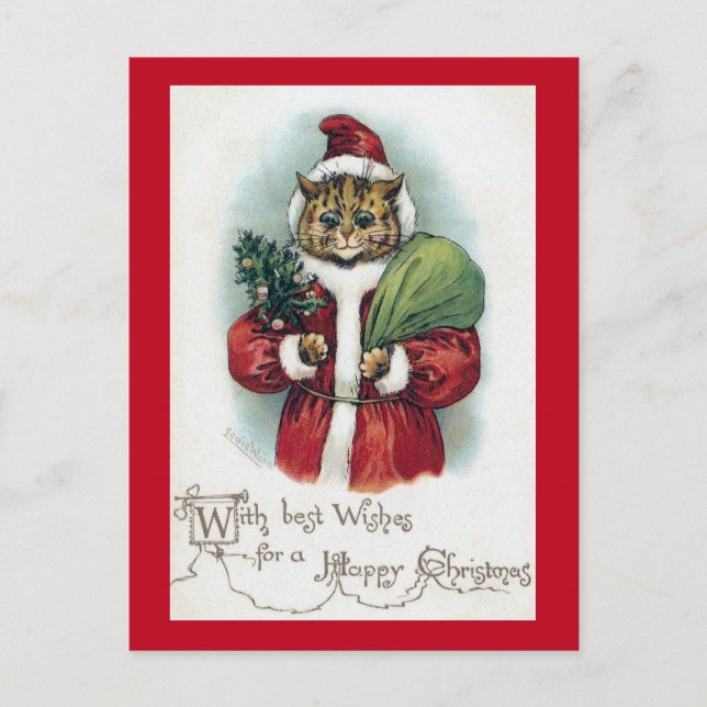 Cartão Postal De Festividades Gato de Natal, Louis Wain (Frente)