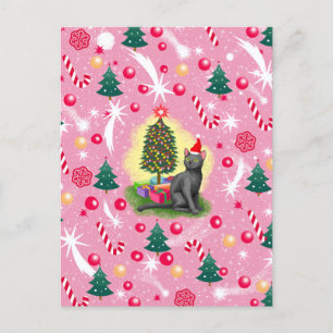 Cartão Postal De Festividades Gato de Natal Rosa