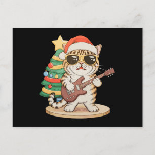 Cartão Postal De Festividades Gato de Natal Tocando Guitarra Rock Jazz Chapéu de