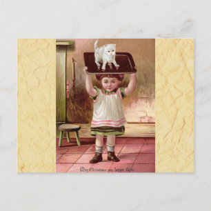 Cartão Postal De Festividades Gato de Natal vitoriano no Tea Tray 1880