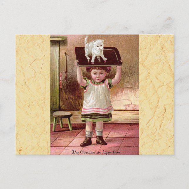 Cartão Postal De Festividades Gato de Natal vitoriano no Tea Tray 1880 (Frente)