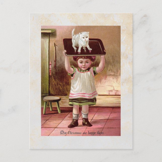 Cartão Postal De Festividades Gato de Natal vitoriano no Tea Tray 1880 (Frente)