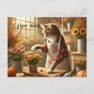 Cartão Postal De Festividades Gato de outono com Flores - Saudação de Fall Seaso