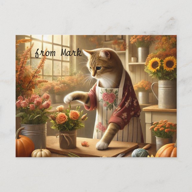 Cartão Postal De Festividades Gato de outono com Flores - Saudação de Fall Seaso (Frente)