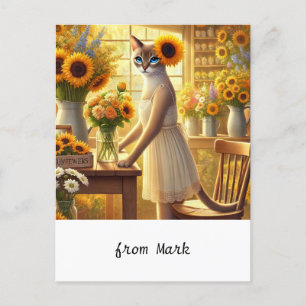 Cartão Postal De Festividades Gato de outono com Flores - Saudação de Fall Seaso