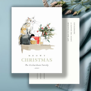 Cartão Postal De Festividades Gato De Presente De Natal Com Cor De Água Moderna 