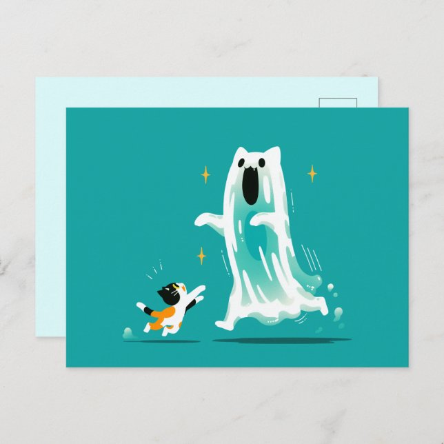Cartão Postal De Festividades Gato e Fantasma Amigável - Halloween Bonito (Frente/Verso)