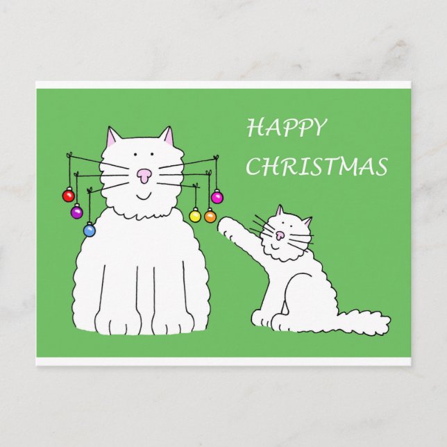 Cartão Postal De Festividades Gato e Kitten Brincando com Balas de Natal (Frente)