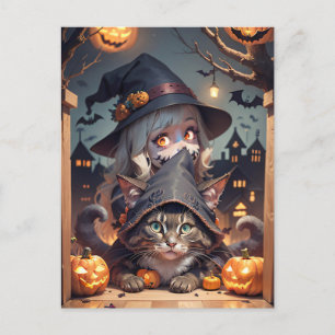Cartão Postal De Festividades Gato e truque de Dia das Bruxas ou criança