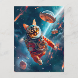 Cartão Postal De Festividades Gato Espacial Aventureiro Flutuando Graciosamente 