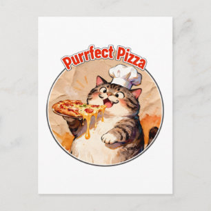 Cartão Postal De Festividades Gato Feliz Chef com Pizza