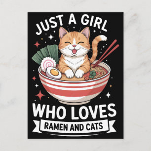 Cartão Postal De Festividades Gato feliz em tigela de ramen com macarrão e hashi