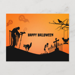 Cartão Postal De Festividades Gato Feliz Halloween e morcegos silhuetados
