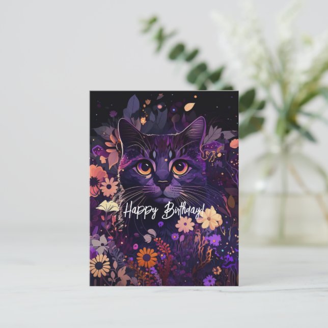 Cartão Postal De Festividades Gato Floral Roxo de Aniversário (Em pé/Frente)