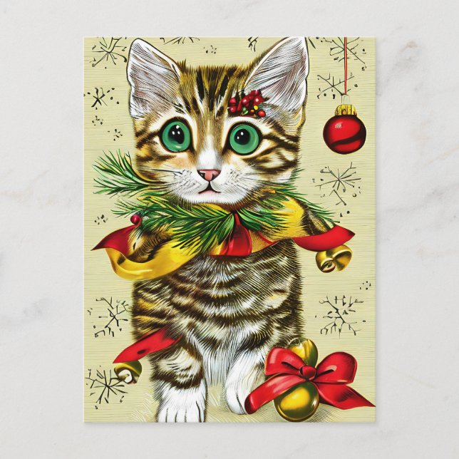 Cartão Postal De Festividades Gato Ginger de Natal Antigo e Enfeite  (Frente)