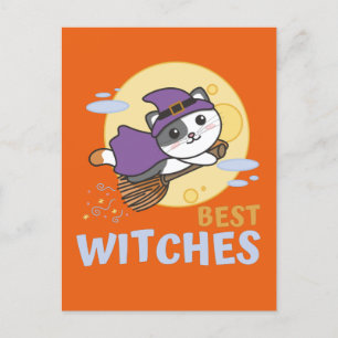Cartão Postal De Festividades Gato Halloween Bruxa Crianças Bruxas Melhores Brux