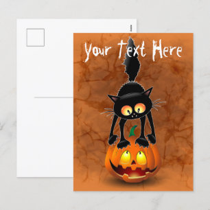 Cartão Postal De Festividades Gato Halloween Caricatura Assustada na Pumpkin