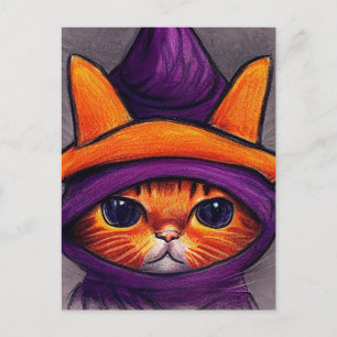 Cartão Postal De Festividades Gato Laranja com Chapéu de Bruxa Roxo Feliz Hallow