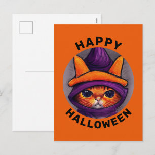 Cartão Postal De Festividades Gato Laranja com Chapéu de Bruxa Roxo Feliz Hallow